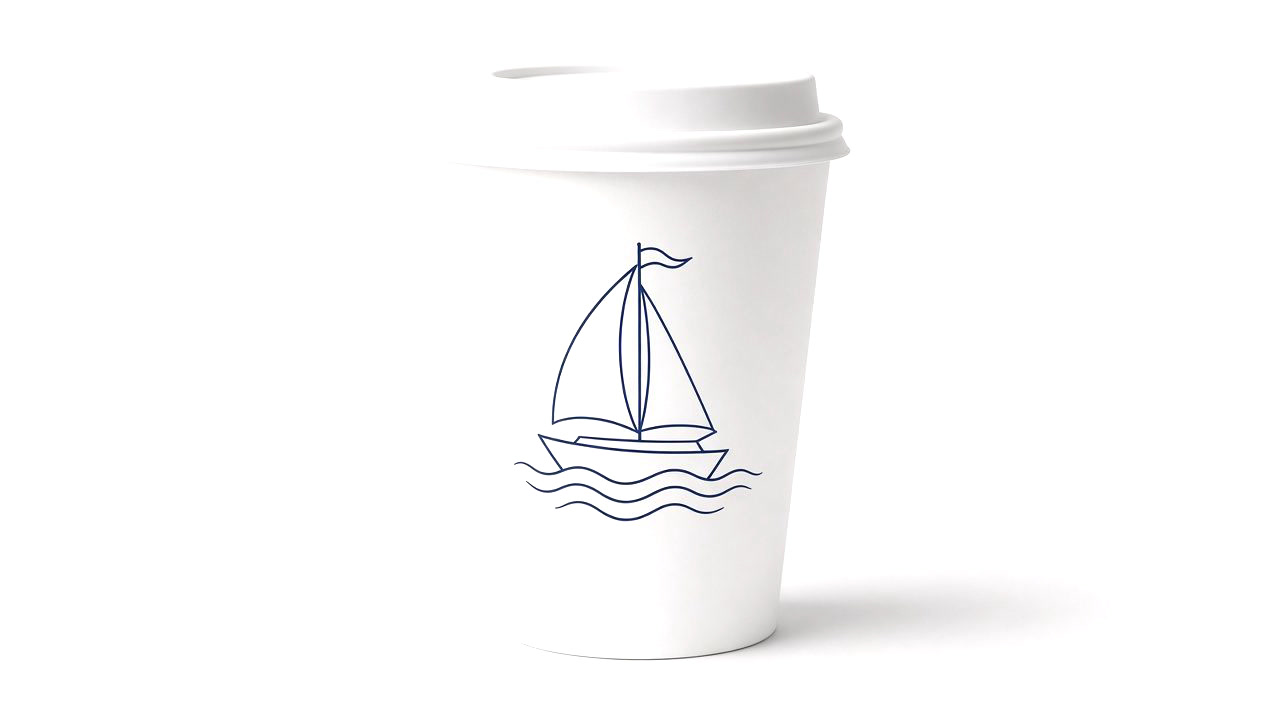 A single white paper cup with a navy sailboat drawn on the front