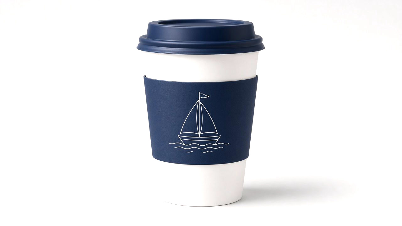 A white paper cup with a navy lid and sleeve, with a white sailboat on the sleeve