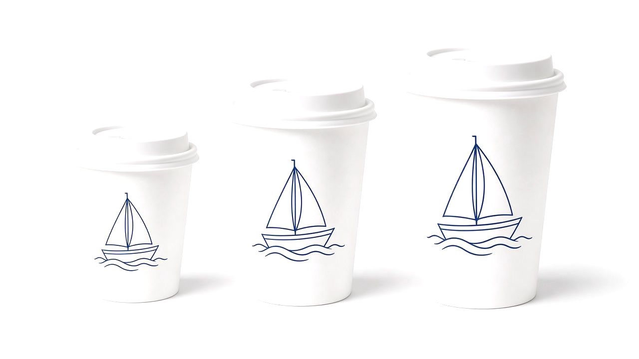 Three white paper cups in a row, each with a navy sailboat on the front