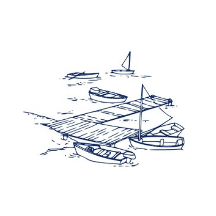Line drawing of small rowboats moored beside a wooden pier