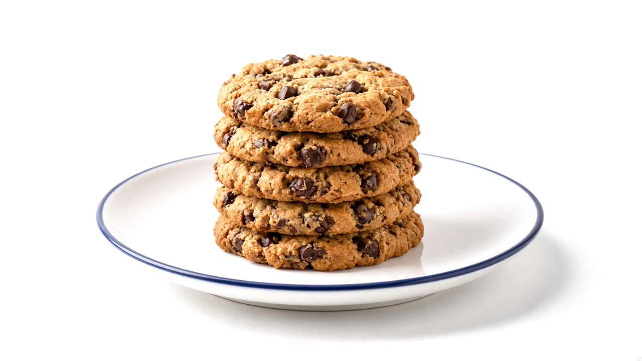 Stack of chocolate chip cookies on a white plate with a navy rim