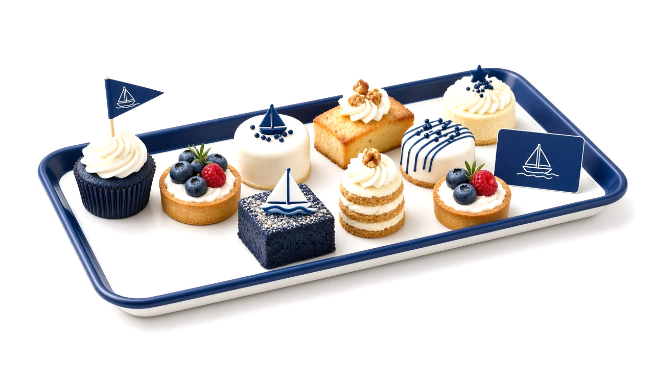 Tray of mini cakes and pastries with navy and white decoration