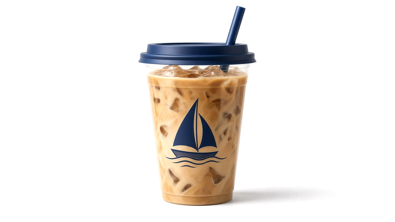 Iced coffee in a clear Ninth Harbor cup with a navy lid and straw