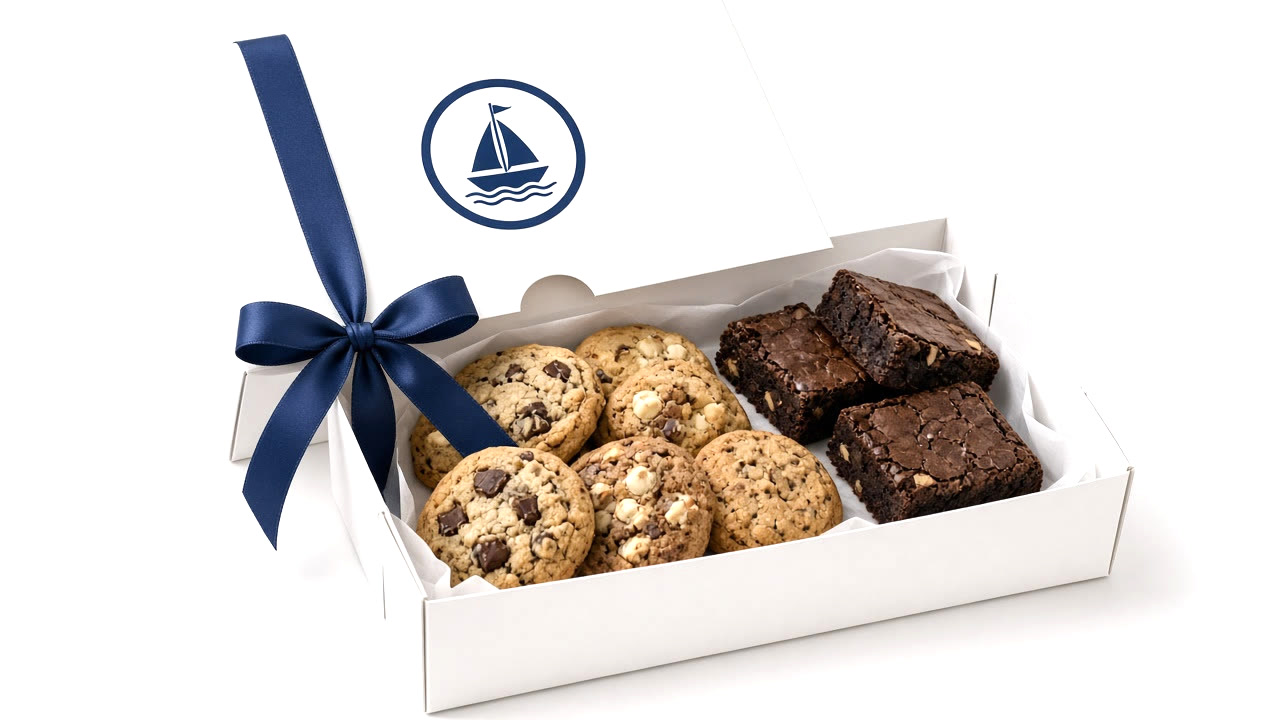 White gift box of cookies and brownies tied with a navy ribbon